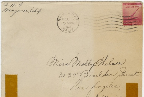 Christmas card (with envelope) to Molly Wilson from Chiyeko Akahoshi (December 17, 1942) (ddr-janm-1-103)