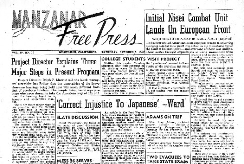 Manzanar Free Press Vol. IV No. 10 (October 9, 1943) (ddr-densho-125-174)