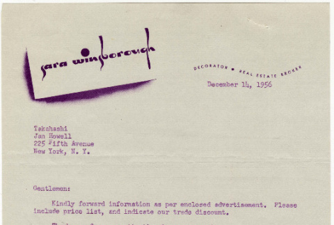 Letter from G. Dunbar, Sara Winsborough Corp., to Takahashis (ddr-densho-424-110)