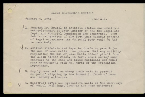 Minutes from the Heart Mountain Block Chairmen meeting, January 6, 1943 (ddr-csujad-55-395)