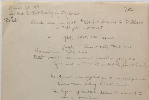Notes from conversation with Bert Crowley about property at 1661 Post Street (ddr-densho-424-658)