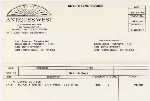 Invoice for advertising in Antiques West newspaper (ddr-densho-422-555)