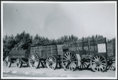 Photograph of a borax wagon at Furnace Creek Camp in Death Valley (ddr-csujad-47-103)