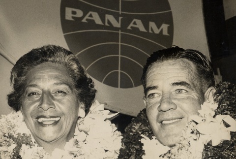 Honolulu Fire Chief and his wife posing with leis (ddr-njpa-2-76)