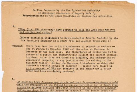 Further comments by the War Relocation Authority on newspaper statements allegedly made by Representatives of the House Committee on Un-American Activities (ddr-densho-381-13)