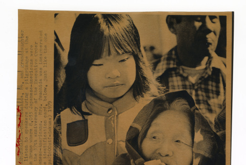 Mon Tsuchida and granddaughter Leonora during a pilgrimage to the site of Tanforan Assembly Center (ddr-csujad-52-47)