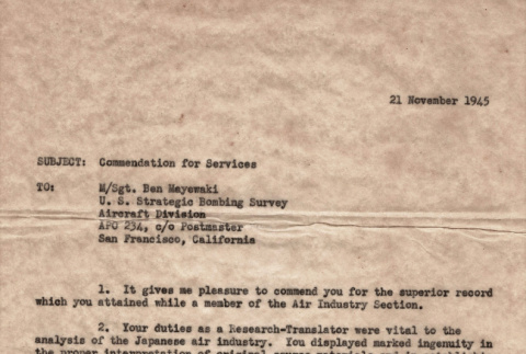 Letter of commendation for Ben Mayewaki from Brigadier General P.E. Peabody (ddr-densho-563-53)