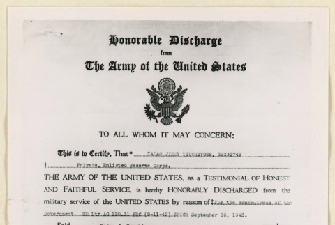 Honorable discharge for Tadao Tsuchiyose (ddr-densho-37-1889)