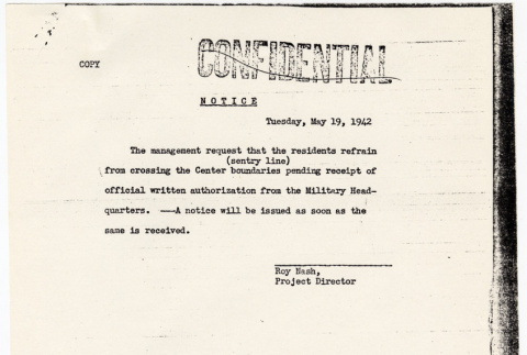 Notice from Roy Nash, project director at Manzanar (ddr-densho-122-857)