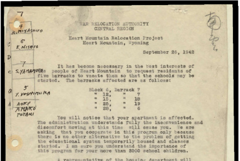 Memo from C.E. Rachford, Project Director, Heart Mountain Relocation Project, to residents of five barracks, September 26, 1942 (ddr-csujad-55-728)