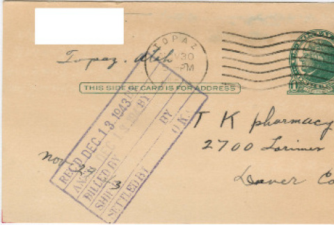 Letter sent to T.K. Pharmacy from Topaz concentration camp (ddr-densho-319-21)