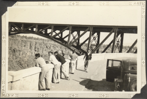 Five men at overlook near bridge over canyon (ddr-densho-326-604)