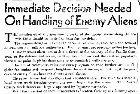 Immediate Decision Needed On Handling of Enemy Aliens (February 18, 1942) (ddr-densho-56-633)
