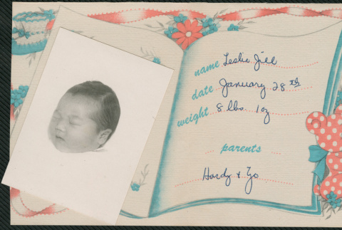 Birth announcement for Leslie Jill Shiomi (ddr-densho-522-760)