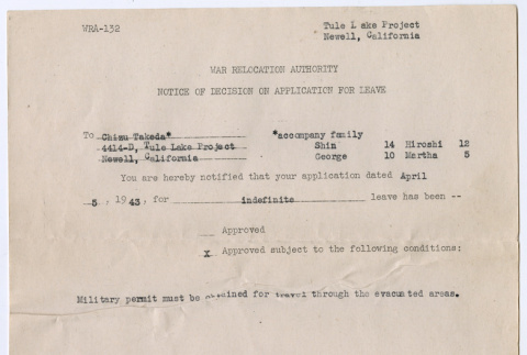 Application for leave approval (ddr-densho-501-199)