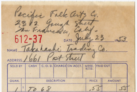 Receipt from Pacific Folk Arts to Takahashi Trading Company (ddr-densho-424-316)