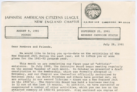 Letter from New England Chapter of the JACL executive board to members 7/28/1981 (ddr-densho-523-772)