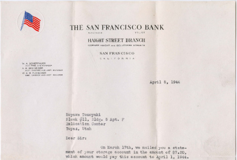 Letter from The San Francisco Bank about payment for safe deposit box (ddr-densho-423-377)