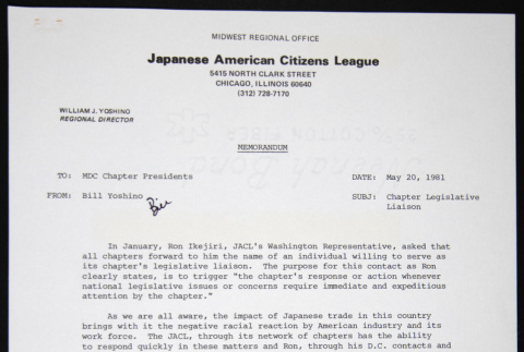 Memo to MDC Chapter Presidents from Bill Yoshino (ddr-chijacl-1-288)