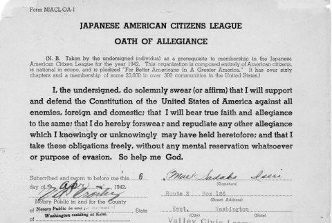 JACL certificate of identification (oath of allegiance) (ddr-densho-25-15)
