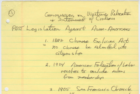 Handwritten notes from Commission on Wartime Relocation and Internment of Civilians (ddr-densho-523-698)