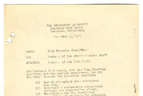 Memorandum from Howard Marumoto, Fair Practice Chairman, Fair Practice Committee, to members of the administrative staff, November 3, 1942 (ddr-csujad-48-134)