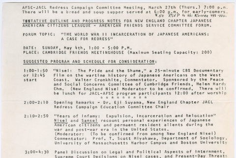Tentative Outline and progress notes for New England JACL-American Friend Service Committee Forum on Redress (ddr-densho-523-745)