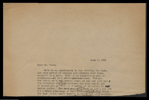 Draft letter to Mr. West, June 7, 1944 (ddr-csujad-55-999)