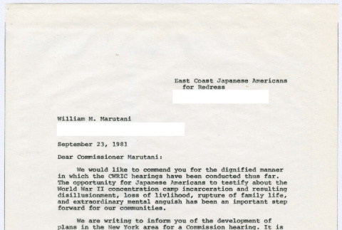 Carbon copy of page 1 of letter to William Marutani from Sasha Hohri and Michi Kobi (ddr-densho-352-487)