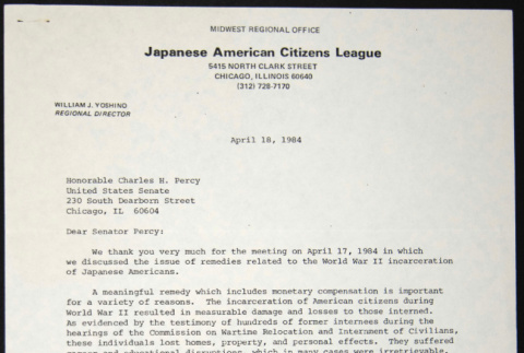 Letter to Charles Percy from William Yoshino (ddr-chijacl-1-165)