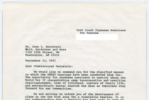 Carbon copy of page 1 of letter to Ms. Joan Z. Bernstein from Sasha Hohri and Michi Kobi (ddr-densho-352-502)