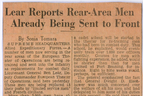 Article titled:  Lear Reports Rear-Area Men Already Being Sent to Front (ddr-densho-539-97)