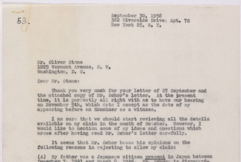 Letter from Lawrence Miwa to Oliver Ellis Stone concerning claim for James Seigo Maw's confiscated property (ddr-densho-437-234)