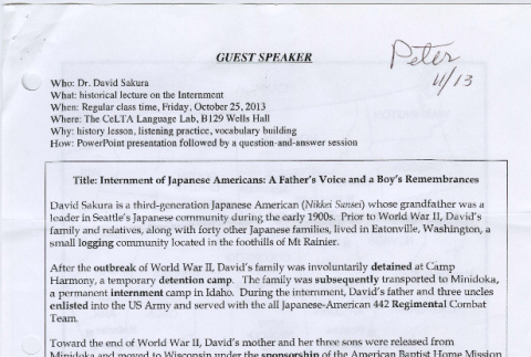 Notes for lecture by David Sakura (ddr-densho-523-700)