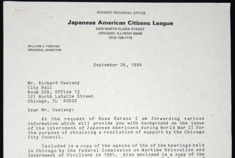 Letter to Richard Owsiany from William Yoshino (ddr-chijacl-1-707)
