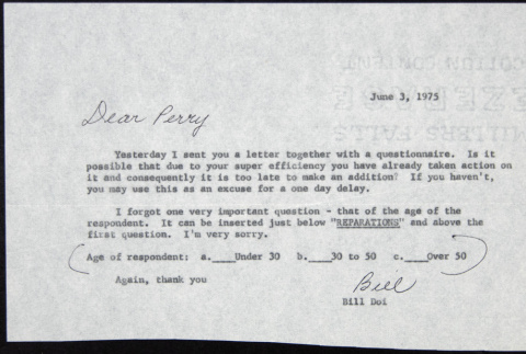 Letter to Perry Miyake from Bill Doi (ddr-chijacl-1-26)