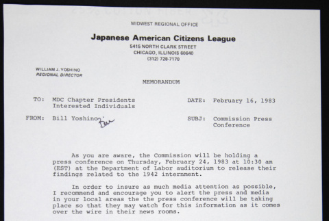 Memo to MDC Chapter Presidents, Interested Individuals from Bill Yoshino (ddr-chijacl-1-270)