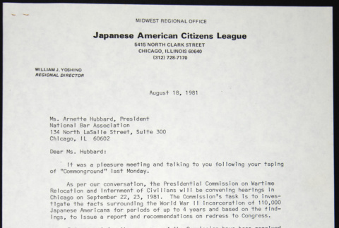 Letter to Arnette Hubbard, of the National Bar Association from William Yoshino (ddr-chijacl-1-589)