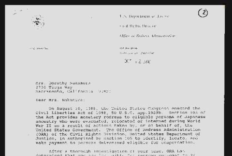 Letter from Paul Suddes, Deputy Administrator for Redress, Office of Redress Administration to Dorothy Nakamura, October 12, 1990 (ddr-csujad-55-2083)