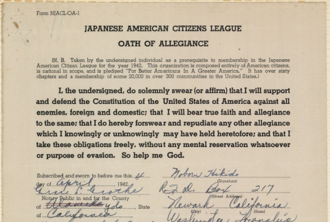 JACL Oath of Allegiance for Noboru Hikido (ddr-ajah-7-57)