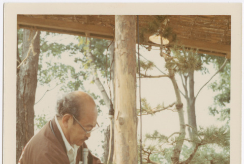 Kaneji Domoto giving a bonsai demonstration at Hill Nursery (ddr-densho-377-348)