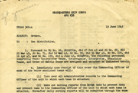 Headquarters XXIV Corps orders (ddr-densho-22-395)