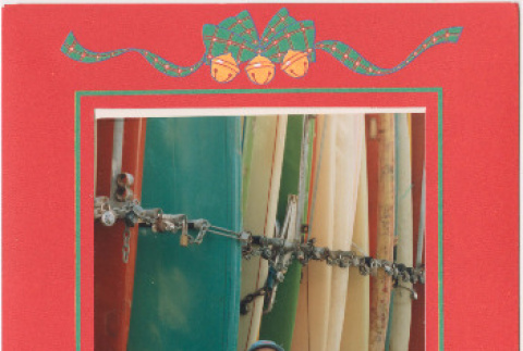 Christmas card with a baby by surfboards (ddr-densho-430-254)