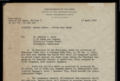 Letter from the Department of the Army to William I. Sakai, April 13, 1953 (ddr-csujad-55-173)
