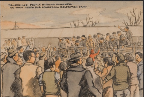 Painting of Japanese Americans leaving for a different camp (ddr-manz-2-61)
