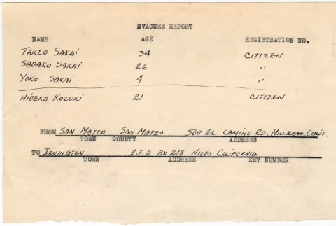 Evacuee Report and vaccination records (redacted) for Sakai and Kozuki families (ddr-densho-491-135)
