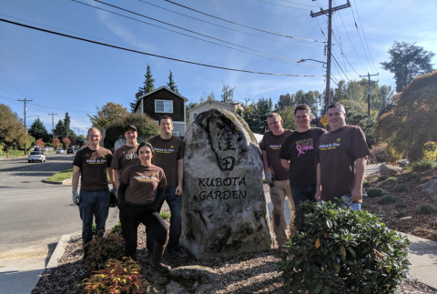 UPS volunteers at the Garden in front of stone at the entrance (ddr-densho-354-2506)