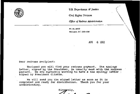 Letter from Paul W. Suddes to redress recipient, April 6, 1993 (ddr-csujad-55-2099)