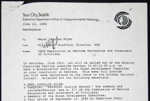 Memo to Mayor Charles Royer from William Stafford (ddr-chijacl-1-72)