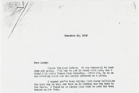 Letter to Larry Tajiri from Margaret Anderson, editor of Common Ground (ddr-densho-338-457)